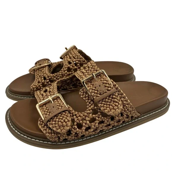 Joie Weaver Tan Macrame Double Buckle Slide Sandals Womens Size 8M Brown - Picture 1 of 16
